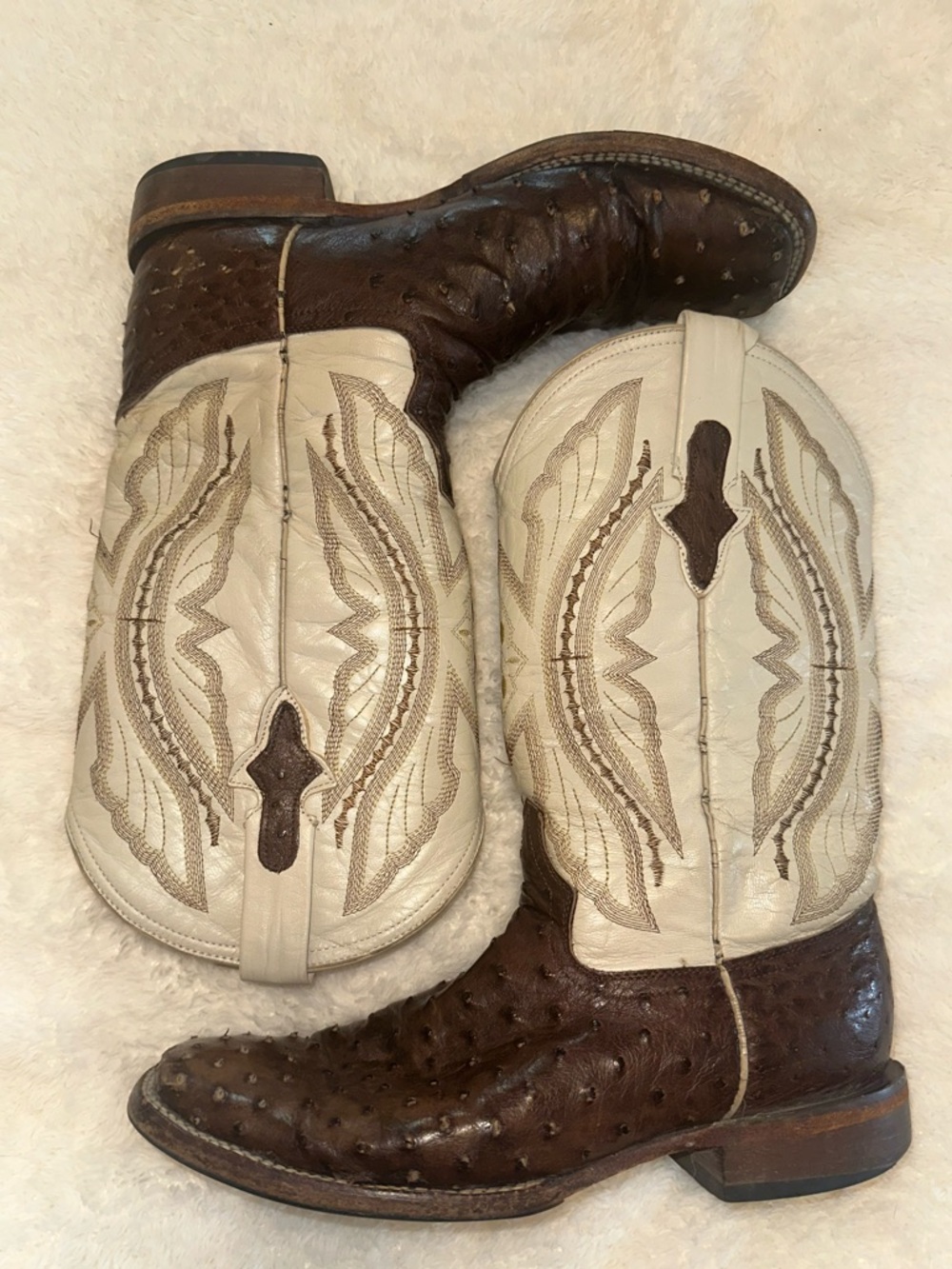 FERRRINI Brown Ostrich Leather Cowboy Boots with White Embroidered Shafts.